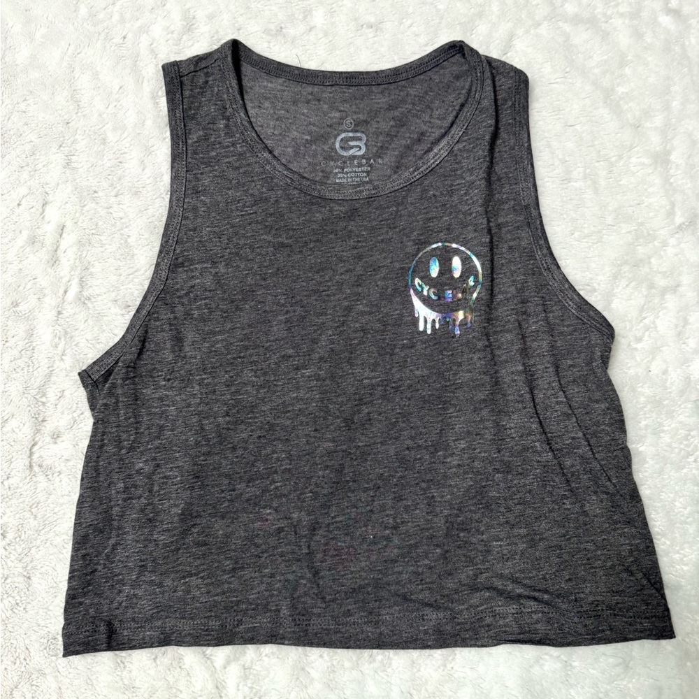 Cyclebar Charcoal Crop Top with Metallic Smiley Face Graphic